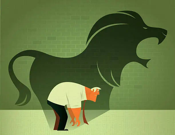 Vector illustration of sad businessman with angry lion shadow