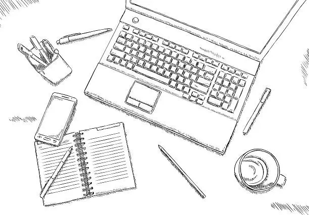 Vector illustration of Black and white office desk drawing