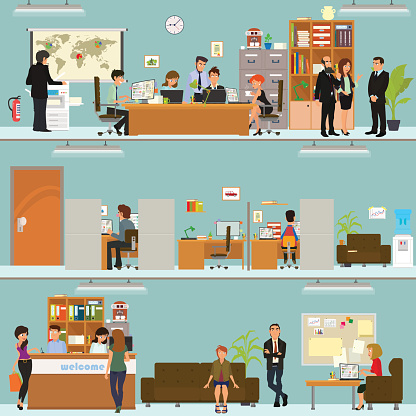 scenes of people working in the office. Interior office. Vector illustration in a flat style. open space office building with working people.