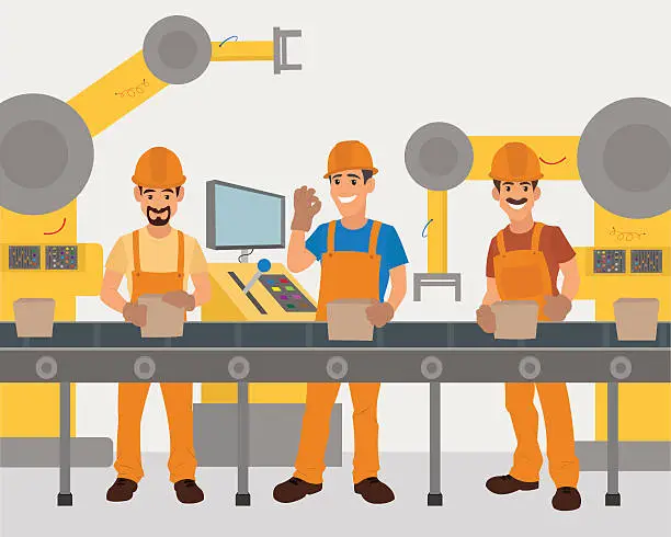 Vector illustration of workers work on the conveyor.
