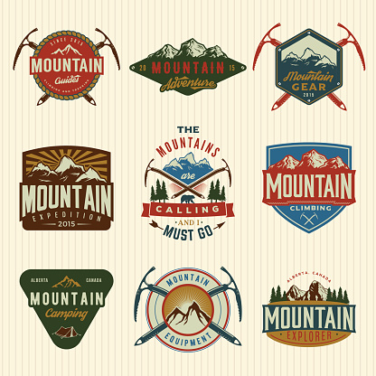 vector set of mountain exploration vintage logos, emblems, silhouettes and design elements. logotype templates and badges with mountains, forest, trees, tent, ice axe. outdoor activity symbols