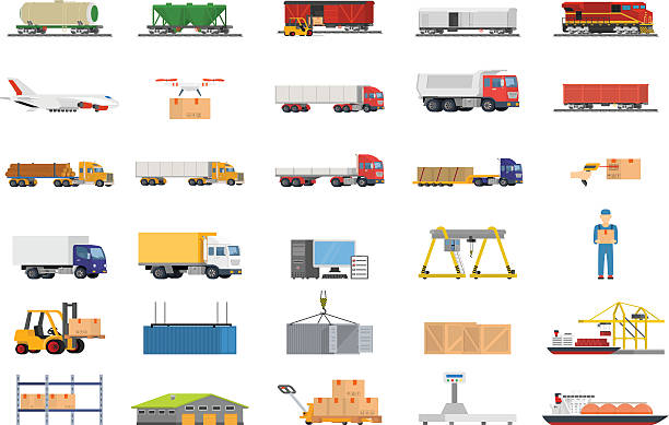 ilustrações de stock, clip art, desenhos animados e ícones de conjunto de ícones de conceito de logística de transporte. - distribution warehouse illustrations