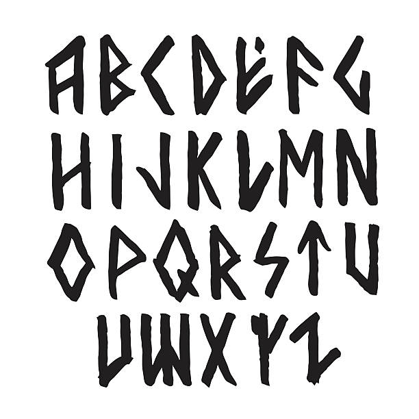 Modern vector runic style alphabet. Modern vector runic style hand drawn alphabet. ABC paintad letters. Ink lettering. runes stock illustrations
