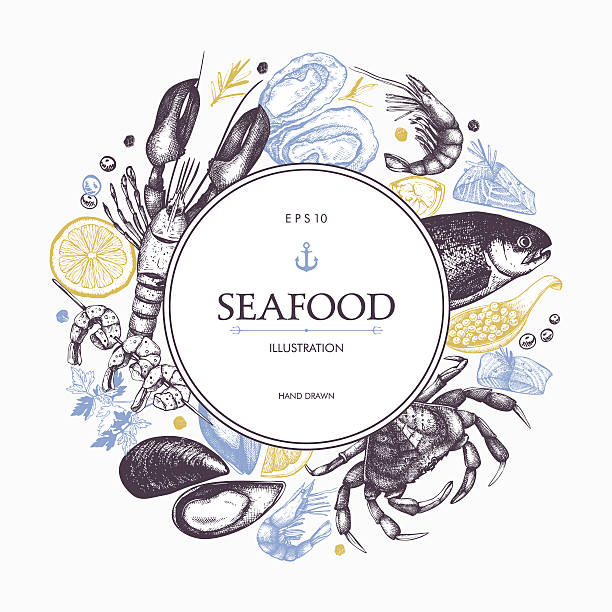 바다 음식 스케치 장식 카드 또는 전단지 디자인. - lobster seafood prepared shellfish crustacean stock illustrations