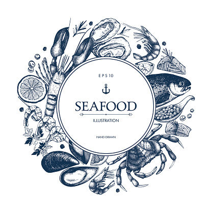 Vector frame with hand drawn seafood illustration - fresh fish, lobster, crab, oyster, mussel, squid and spice. Vintage menu template.