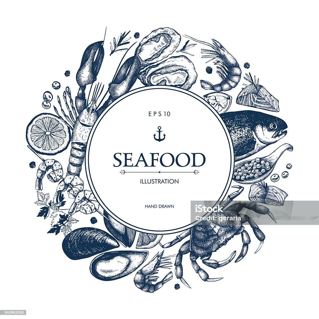 Decorative card or flyer design with sea food sketch. Vector frame with hand drawn seafood illustration - fresh fish, lobster, crab, oyster, mussel, squid and spice. Vintage menu template. Seafood stock vector