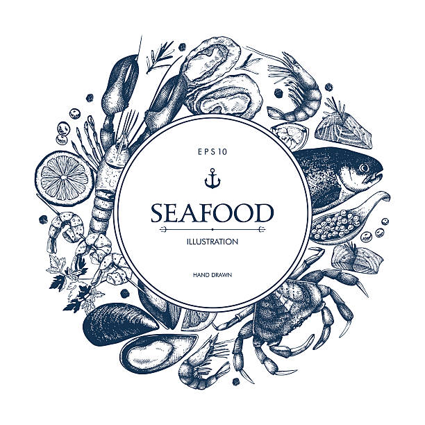 Decorative card or flyer design with sea food sketch. Vector frame with hand drawn seafood illustration - fresh fish, lobster, crab, oyster, mussel, squid and spice. Vintage menu template. seafood stock illustrations