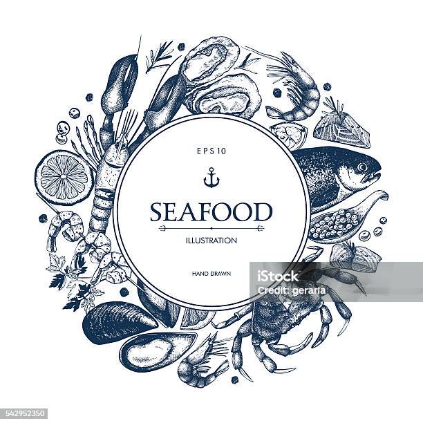 Decorative Card Or Flyer Design With Sea Food Sketch Stock Illustration - Download Image Now