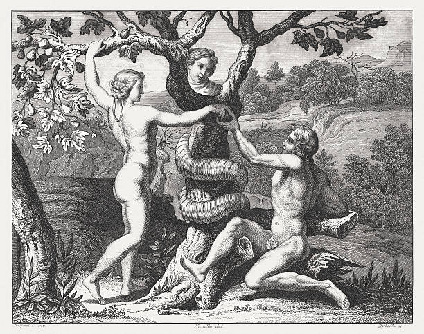 ilustrações de stock, clip art, desenhos animados e ícones de queda de adão e eva (gn 3), publicado 1841 - adam & eve