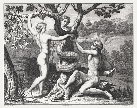 Downfall of Adam and Eve (Genesis 3). Steel engraving after the frescoes by Raphael (Italian painter, 1483 - 1520) in the Loggia at the Vatican (Apostolic Palace), published in 1841.