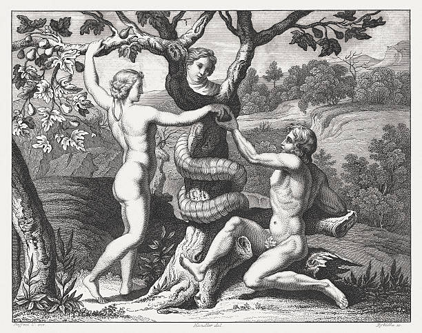 Downfall of Adam and Eve (Genesis 3), published 1841 Downfall of Adam and Eve (Genesis 3). Steel engraving after the frescoes by Raphael (Italian painter, 1483 - 1520) in the Loggia at the Vatican (Apostolic Palace), published in 1841. adam and eve painting stock illustrations