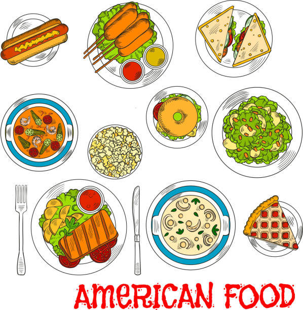 Famous main and dessert dishes of american cuisine Popular american food colored sketch with grilled beef steak, hot dog and bagel cheeseburger, corn dogs and salmon sandwiches, seafood tomato and cream cheese soups, apple salad with nuts and berry pie with popcorn  apple pie cheese stock illustrations
