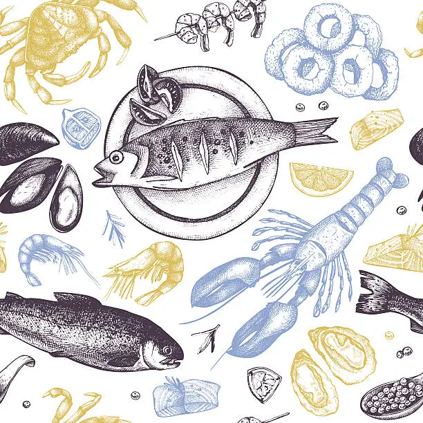 Vector illustration of Vector Seamless Seafood background.