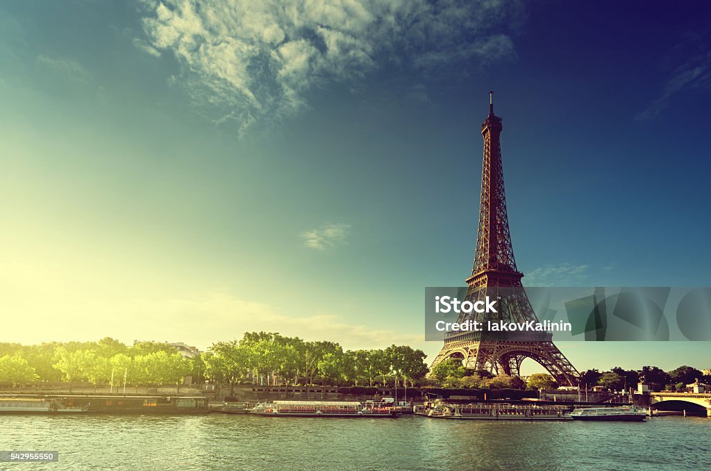 Seine in Paris with Eiffel tower in sunrise time Paris - France Stock Photo