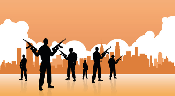 Terrorist Group Over City View Banner Flat Vector Illustration