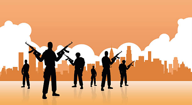 Terrorist Group Over City View Banner vector art illustration