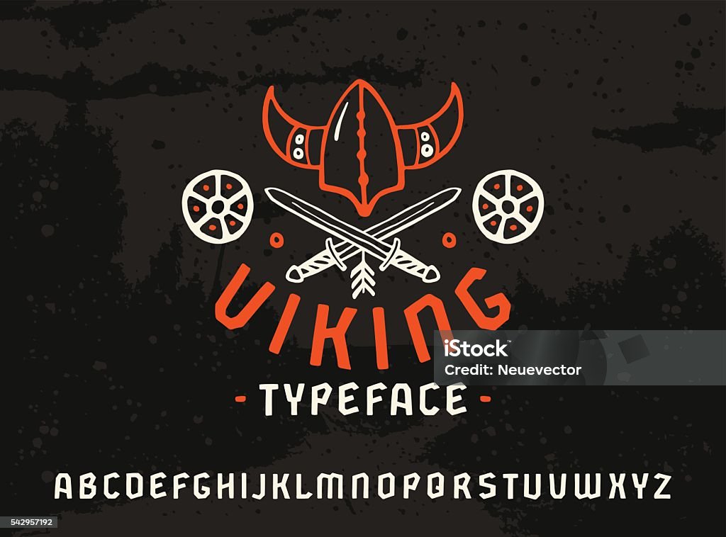 Sanserif font in historical style Sanserif font in historical style. Viking typeface. Color print on dark texture background Alphabet stock vector