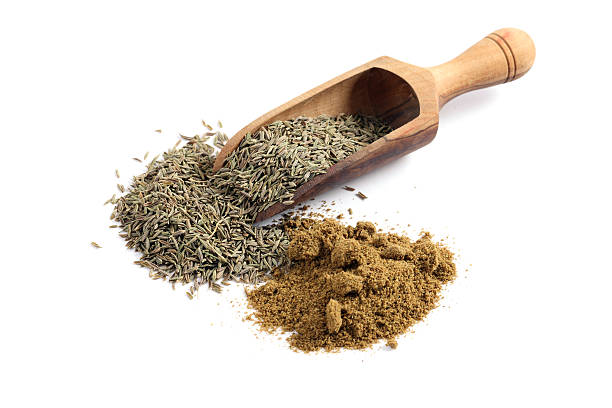 Cumin seeds and ground powder on white background.