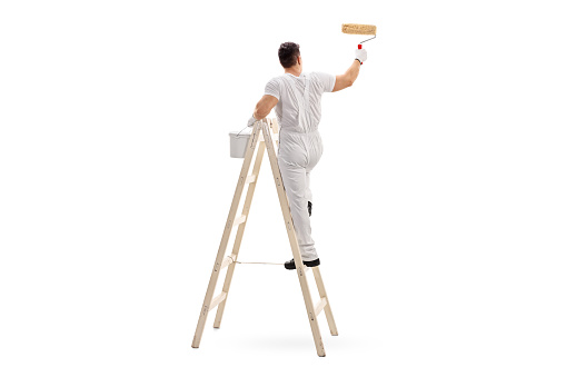 Young male decorator painting with a paint roller climbed up a ladder isolated on white background