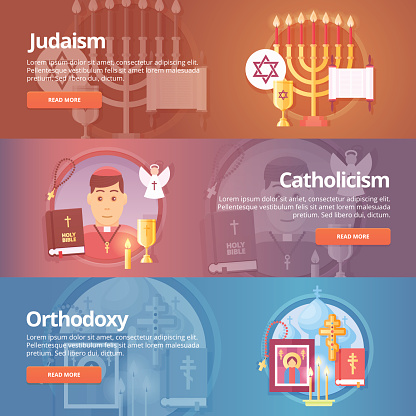 Judaism. Catholicism. Orthodoxy. Religion and confessions banners set. Vector design concept.