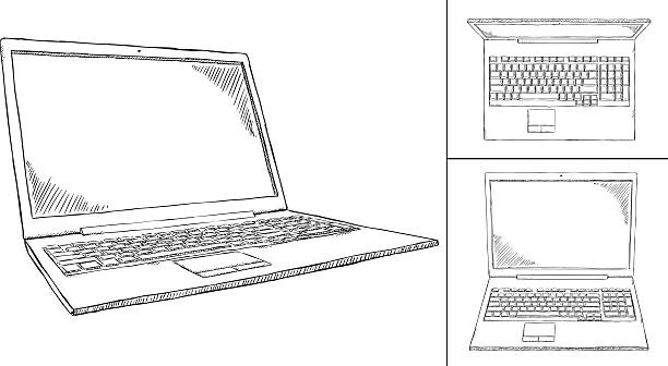 黒と白のラップトップ落書き - 3 ビュー - netbook white laptop computer点のイラスト素材／クリップアート素材／マンガ素材／アイコン素材