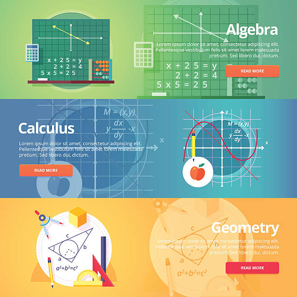 ilustrações, clipart, desenhos animados e ícones de conjunto de banners de ciência e da educação. vetor conceito projeto plano. - álgebra
