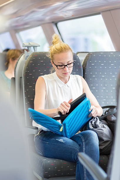 istock Woman travelling by train working on laptop. 542962452