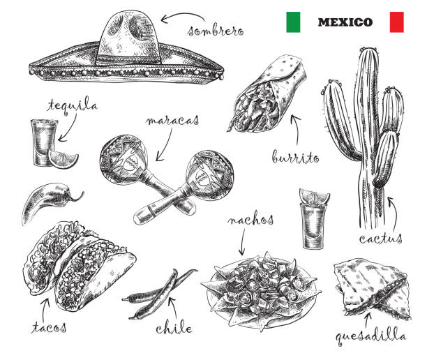 illustrations, cliparts, dessins animés et icônes de cuisine et des souvenirs du mexique - sombrero hat mexican culture isolated