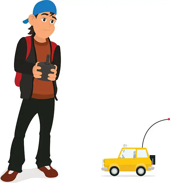 Vector illustration of Boy playing with rc car with remote control in hands