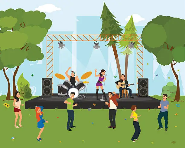 Vector illustration of People dancing in the city park at the concert.