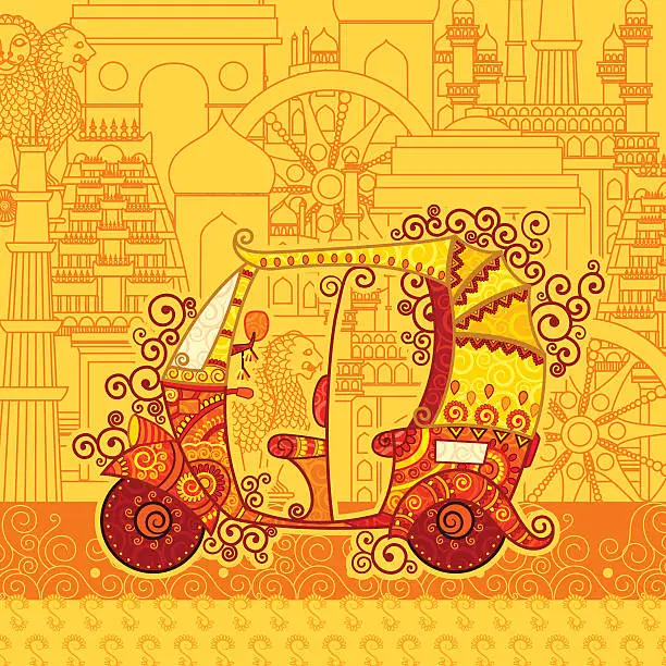 Vector illustration of Vector design of auto rickshaw on famous monument backdrop