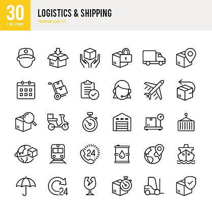 Logistics and Shipping set of 30 thin line vector icons.