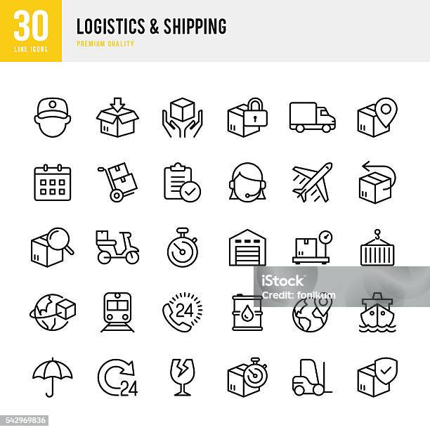 Logistics Shipping Thin Line Icon Set Stock Illustration - Download Image Now - Icon Symbol, Freight Transportation, Box - Container