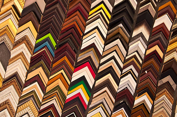 Picture frames samples in a workshop stock photo