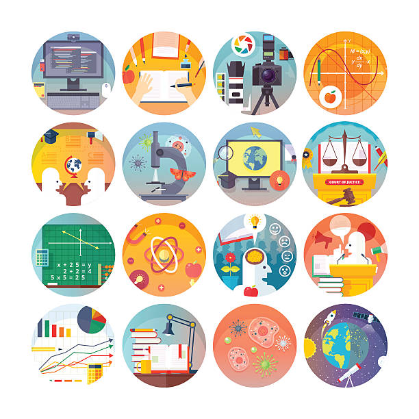 Education and science flat circle icons set. Vector icon collection. Education and science flat circle icons set. Subjects and science disciplines. Vector icon collection. educational subject stock illustrations