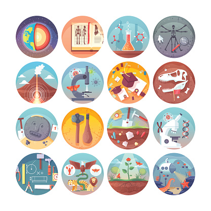 Education and science flat circle icons set.  Subjects and science disciplines. Vector icon collection.
