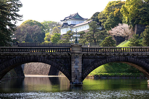 Tokyo, Japan - April 12, 2016: The perimeter of the Imperial East Gardens in Central Tokyo. The gardens are free to access and are a part of the Imperial Palace grounds open to the public. 