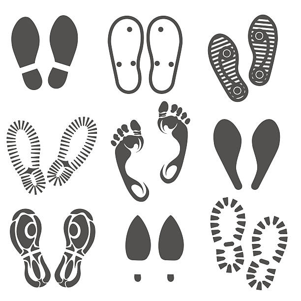 Footprint and shoes prints set Prints on white. Footprint and shoes prints vector set high heel footprint stock illustrations