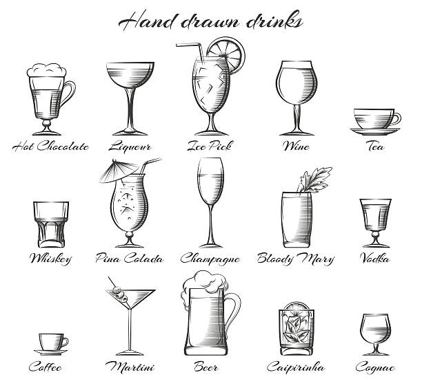 illustrations, cliparts, dessins animés et icônes de dessiné à la main de boissons alcoolisées et non alcoolisées - drink glass symbol cocktail