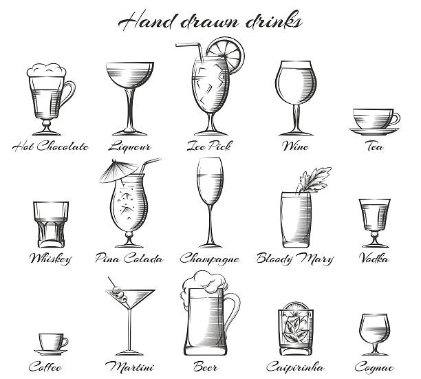 illustrazioni stock, clip art, cartoni animati e icone di tendenza di disegnato a mano libera bevande alcoliche e analcoliche - martini glass immagine