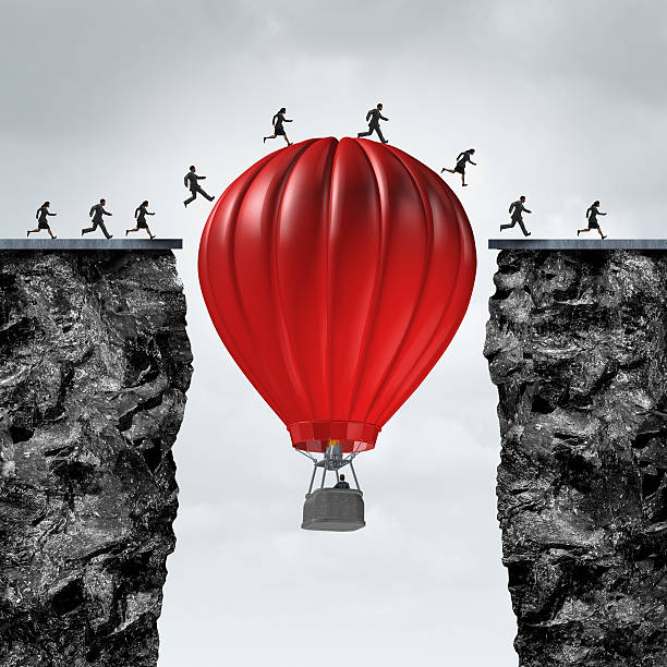 Opportunity Manager Opportunity manager and problem solver business concept as red air balloon creating a support link to help a team of businesspeople cross towards a corporate goal to success with 3D illustration elements. temporary stock pictures, royalty-free photos & images