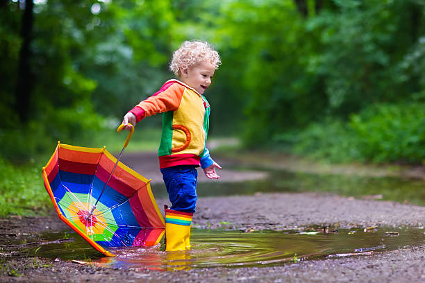istock Little boy playing in the rain 543043160
