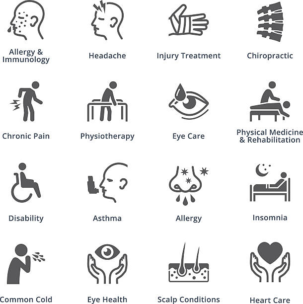 Health Conditions & Diseases Icons - Black Series This set contains health conditions & diseases icons that can be used for designing and developing websites, as well as printed materials and presentations. chronic illness stock illustrations