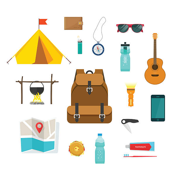 Tourist backpack with camping hiking things equipment to travel isolated Tourist backpack with things to travel with isolated vector illustration, items collection for camping, hiking and recreation activity, things for tourism, tourist tent, map, compass, equipment backpack illustrations stock illustrations