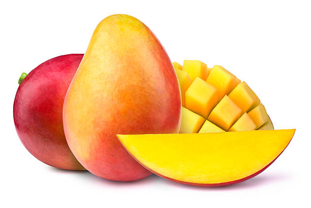 istock Two mangoes with slices to cubes isolated 543045046