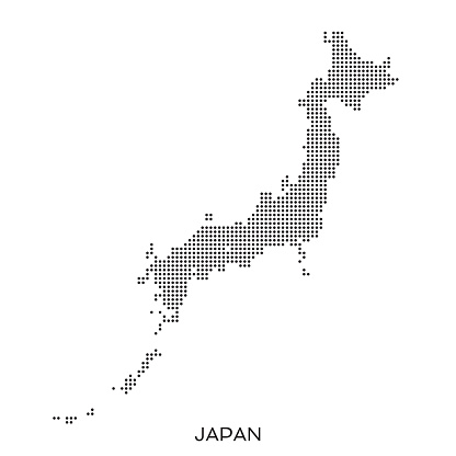 Japan halftone pattern dot map made from a grid of small circles. Dots are black on a plain white background