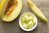 Sliced melon in white dish. Directly above view.