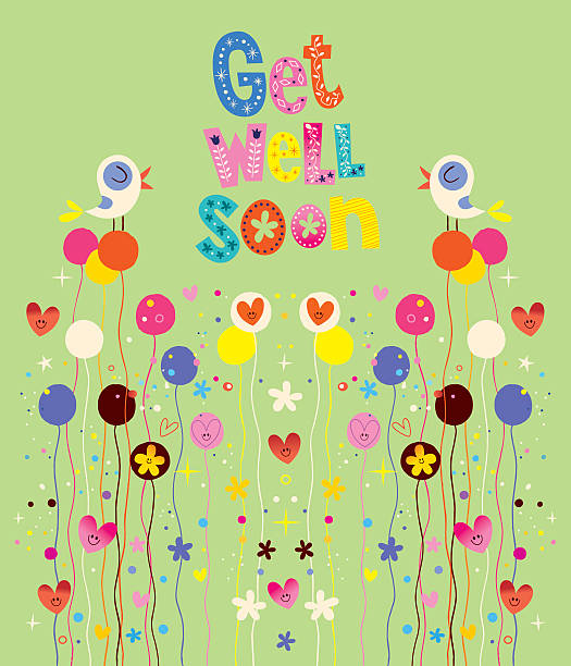Get well soon Get well soon nature card with birds, flowers and hearts get well soon stock illustrations