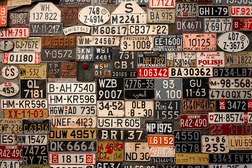 Various retro License Plates on the wall.
