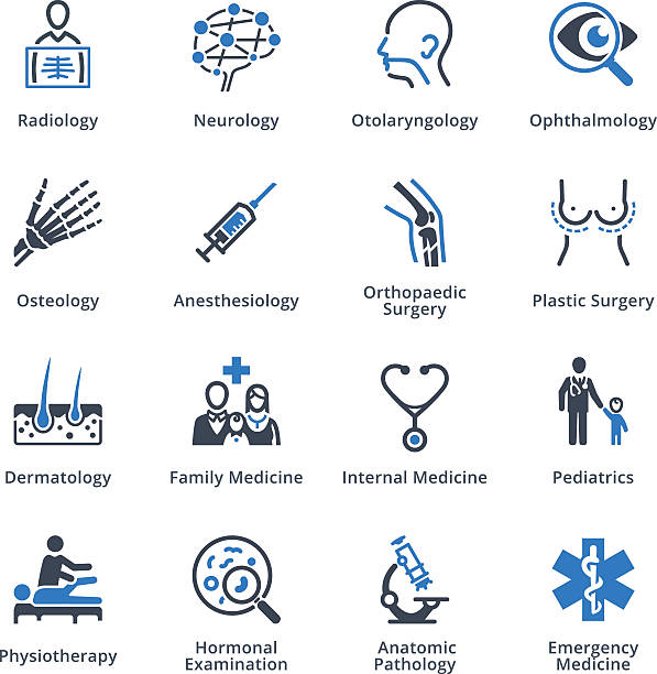 ilustraciones, imágenes clip art, dibujos animados e iconos de stock de especialidades médica iconos conjunto 3-serie azul - pediatra